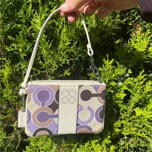 Coach Purple Lavender Wristlet Signature Leather Trim Cream